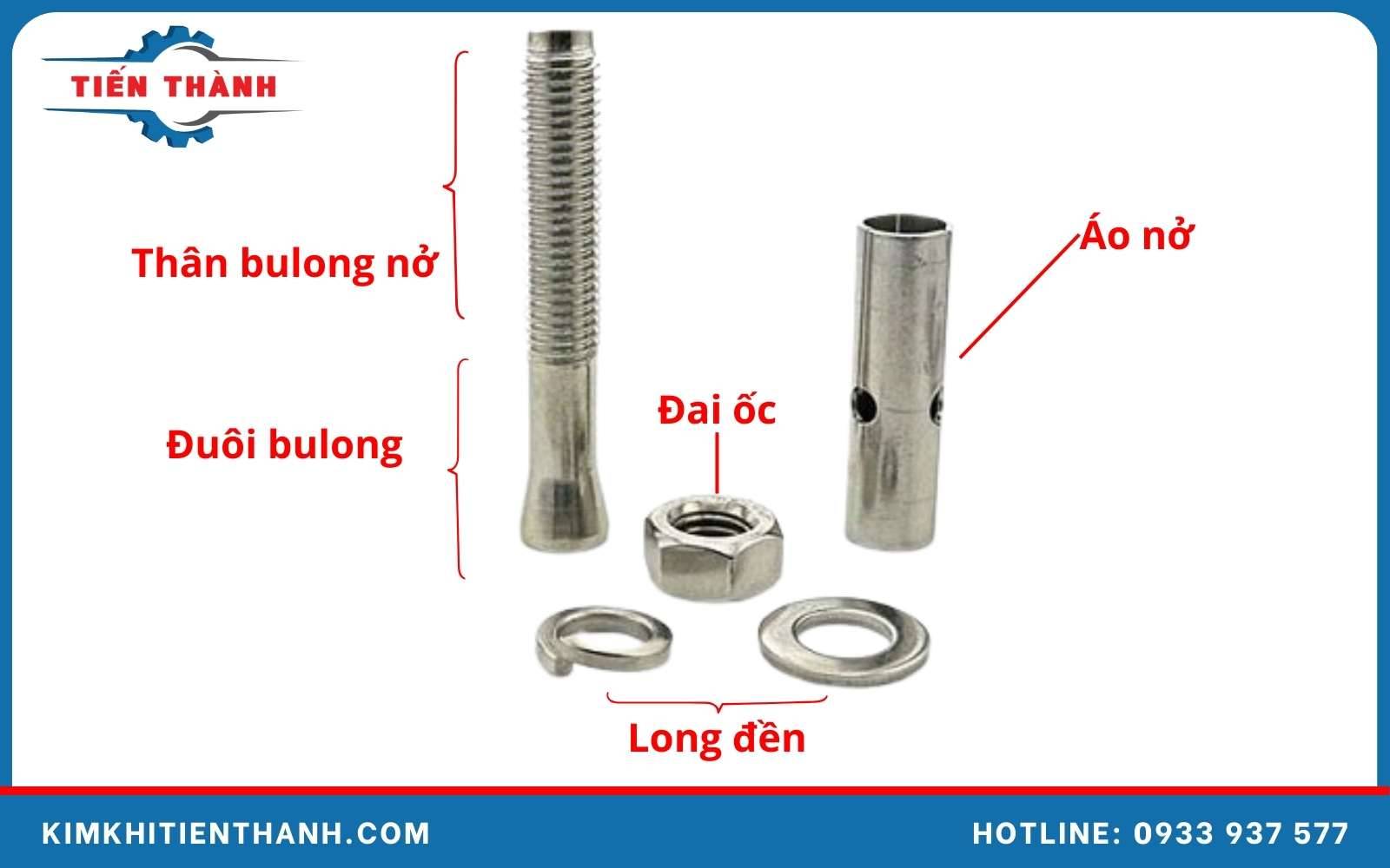 Bu lông nở m12x200 cấu tạo gồm 4 bộ phận chính