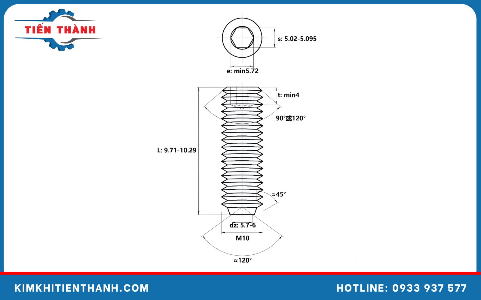 Thông số kỹ thuật sản phẩm vít trí inox 304 M10