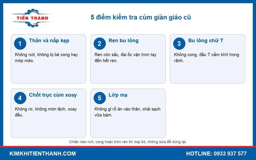 Năm điểm kiểm tra cùm giàn giáo cũ trước khi lắp lại